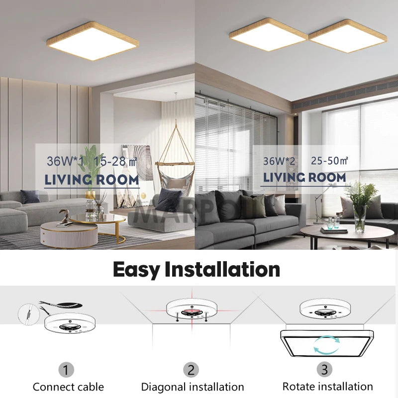 MARPOU 2.4cm Ultra thin led ceiling light Square Wood Grain ceiling lamps for living room 220V 110V led lights for room Bedroom