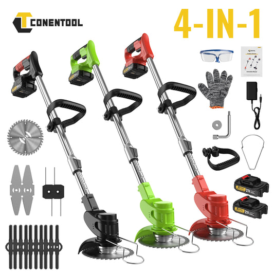21V Cordless Strimmer Telescopic Lightweight Grass Trimmer 650W with 2 x 2000mAh Batteries, 4 Types Blade, Garden Lawn Trimming